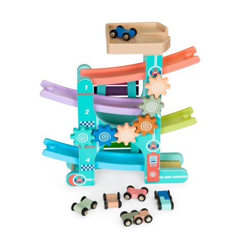 DREWNIANY TOR ZJEŻDŻALNIA + 6 AUTEK + CYMBAŁKI ECOTOYS