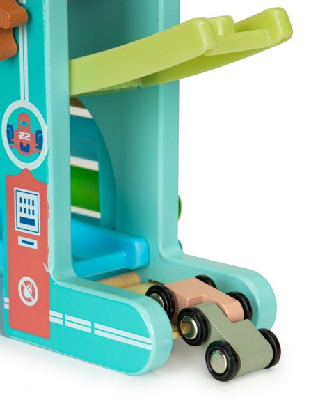 DREWNIANY TOR ZJEŻDŻALNIA + 6 AUTEK + CYMBAŁKI ECOTOYS