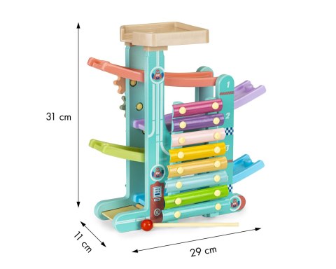 DREWNIANY TOR ZJEŻDŻALNIA + 6 AUTEK + CYMBAŁKI ECOTOYS