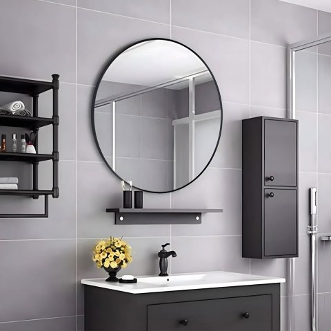 OKRĄGŁE LUSTRO ŚCIENNE 90 CM WISZĄCE NOWOCZESNE CZARNA RAMA ALUMINIUM MODERNHOME