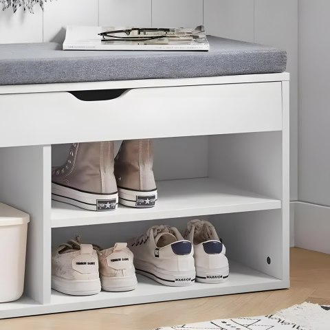 SZAFKA NA BUTY Z SZARĄ PODUSZKĄ I OTWIERANYM SIEDZISKIEM 3 PÓŁKI BIAŁA